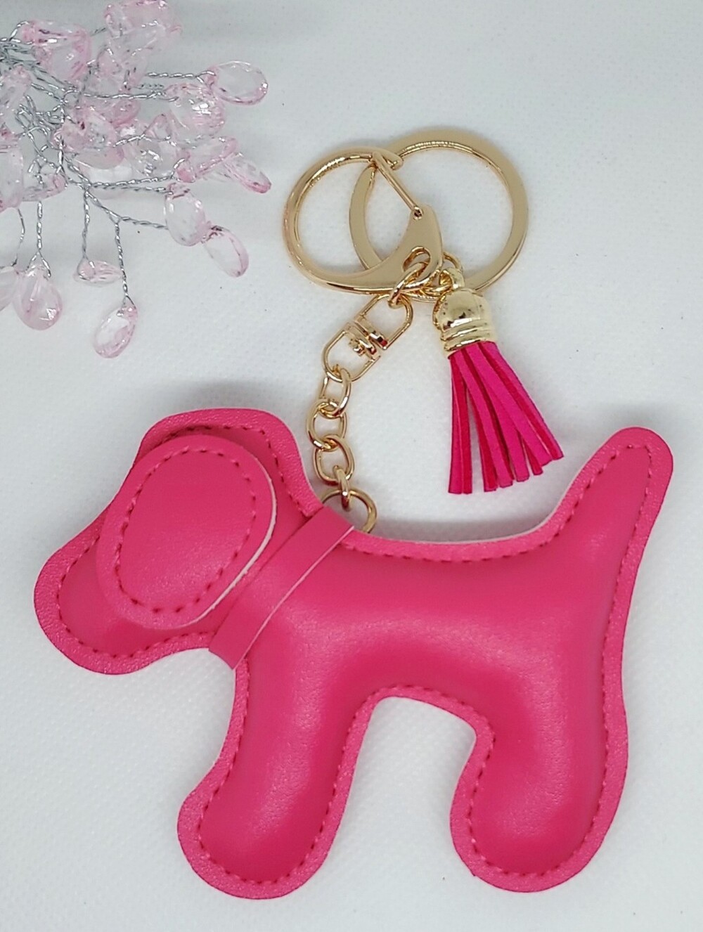 Bright Pink Dog With Tassel Keychain NWT